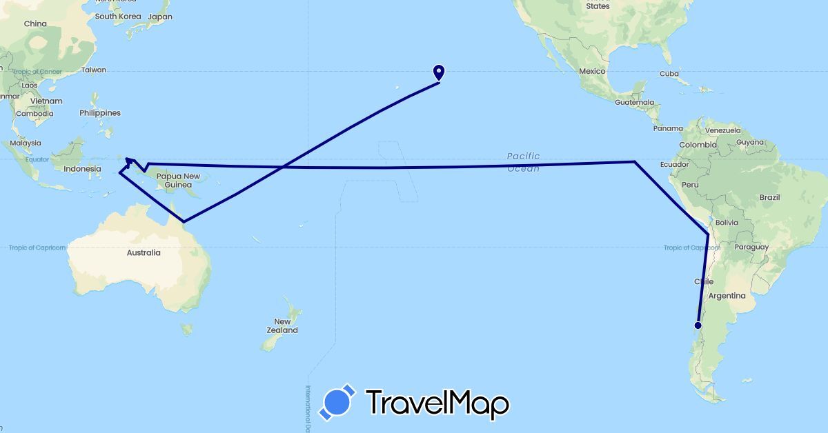 TravelMap itinerary: driving in Australia, Chile, Ecuador, Indonesia (Asia, Oceania, South America)
